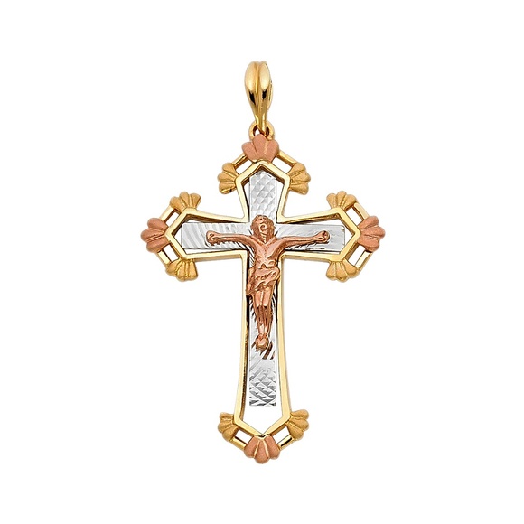 14K Tri Color Religious Crucifix Pendant